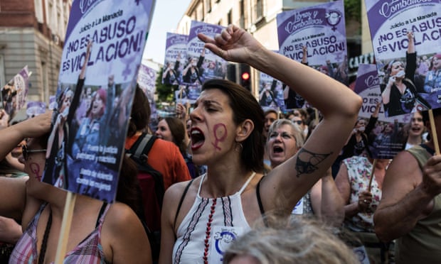 Women in Spain protest against a court’s decision to release la manada gang members on bail