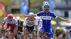 Colombia’s Fernando Gaviria crosses the finish line.