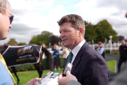 Andrew Balding being interviewed after winning the Sun Chariot Stakes at Newmarket this month