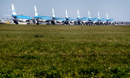 KLM planes grounded at Schiphol airport in Amsterdam, March 2020.