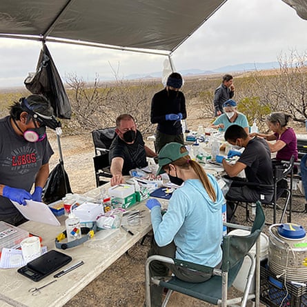A group of people sit around a table under an awning next to a lake