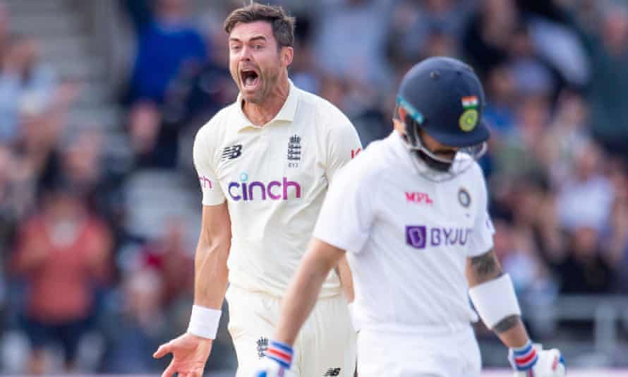 Jimmy Anderson reacts after dismissing India captain Virat Kohli for seven runs at Headingley