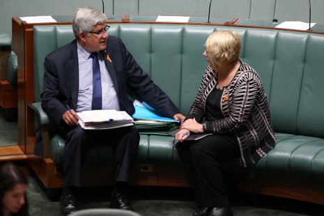 Labor’s Jenny Macklin talks to Liberal’s Ken Wyatt after question time.