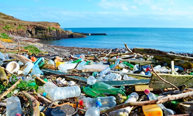 Plastic bottles and other garbage washed up on a beach in the county of Cork, Ireland.