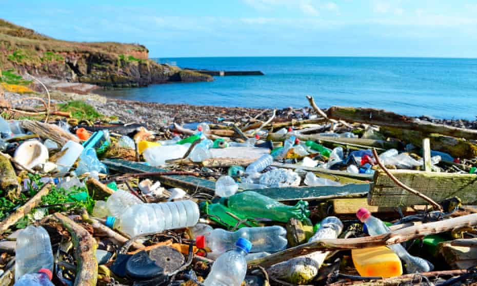 Plastic bottles and other garbage washed up on a beach in the Co Cork, Ireland