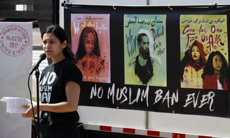 Avideh Moussavian, senior policy attorney, National Immigration Law Center, at a video installation to protest Donald Trump’s ban on Muslims on 23 April in Washington, DC.