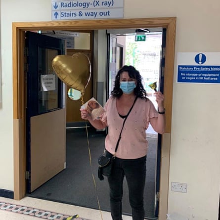 Julie Ford in hospital in 2021 after completing breast cancer treatment.