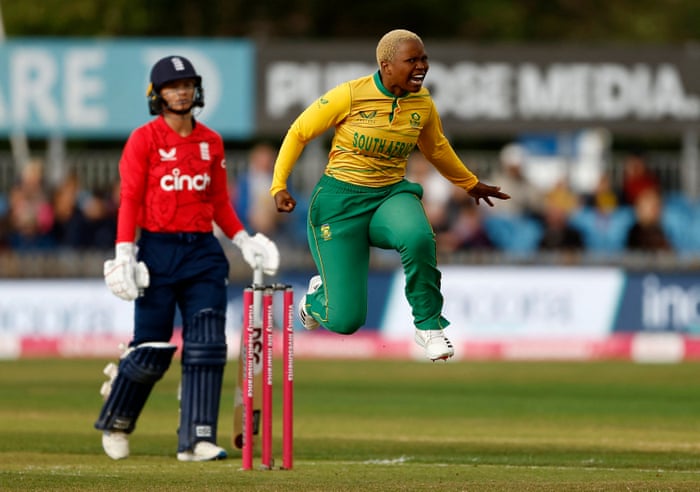 South Africa’s Nonkululeko Mlaba celebrates taking the wicket of England’s Alice Capsey.
