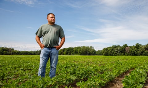 Farmer Ryan Mickelson walks through a field of soya beans Friday in Duncombe, Iowa. 