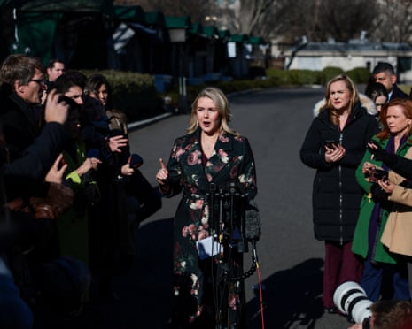 White House press secretary Karoline Leavitt speaks to members of the media outside the White House on Monday.