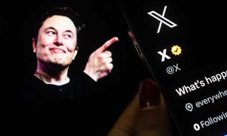 Photo illustration combining image of Elon Musk and an iPhone screen showing an X account and logo