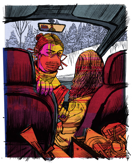 An illustration of a mask-clad person with a gun in a car looking toward the rear.