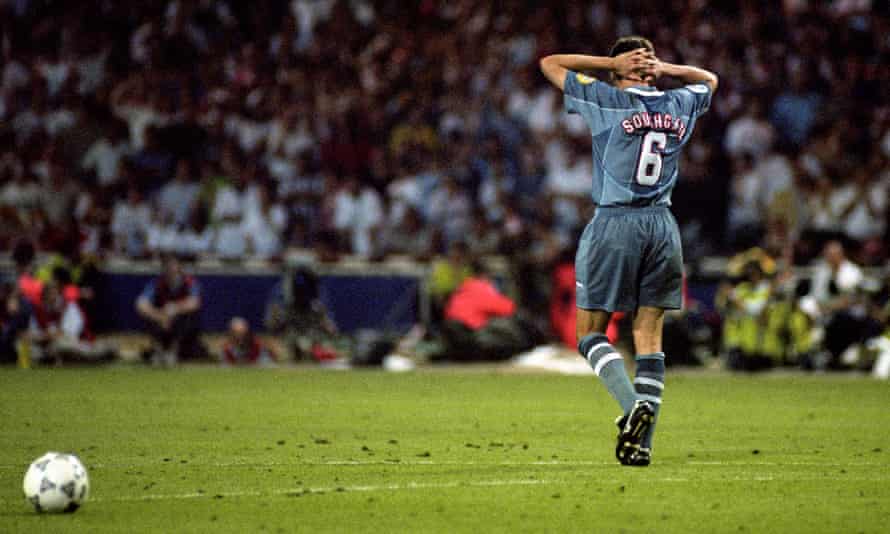 Gareth Southgate missed his shootout penalty in the semi-final of Euro 96 to help send Germany through.