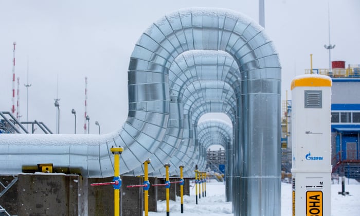 Pipework at the Gazprom Slavyanskaya compressor station, the starting point of the Nord Stream 2 gas pipeline, in Ust-Luga, Russia.