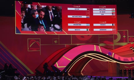 England manager Gareth Southgate is seen on the screen during the World Cup 2022 draw.