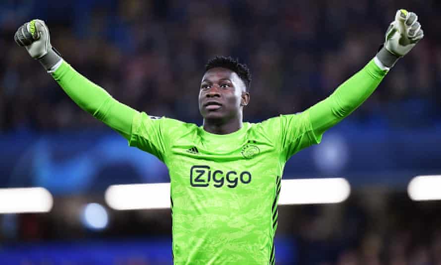 Andre Onana celebrates after Ajax open the scoring against Chelsea in the Champions League in 2019
