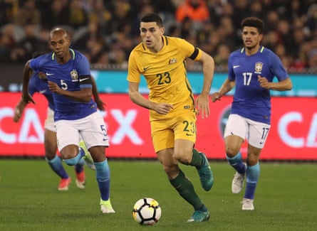 Tom Rogic runs with the ball during the recent 4-0 friendly defeat against Brazil
