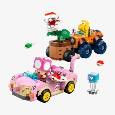 Lego Mario Kart set shows a pink car and a monster truck carrying a Piranha Plant