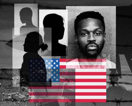 A collage showing silhouettes of women, a mugshot photo of James Loubeau, and a US American flags in black and white