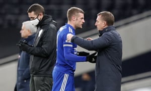 Vardy is hugged by Leicester’s manager Brendan Rodgers after being substituted.