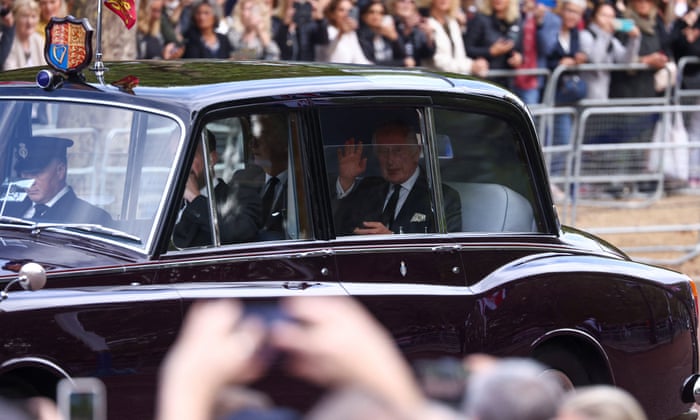 King Charles III is driven from Clarence House to Buckingham Palace.
