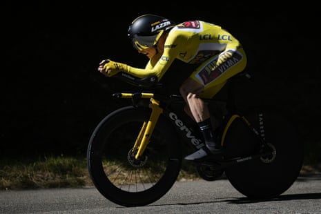Denmark’s Jonas Vingegaard, wearing the overall leader’s yellow jersey, in action.