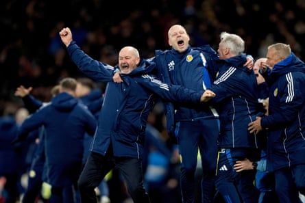 Scotland's caput coach Steve Clarke celebrates pinch his unit astatine nan last whistle