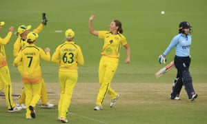 Darcie Brown of Australia celebrates the wicket of England’s Tammy Beaumont.