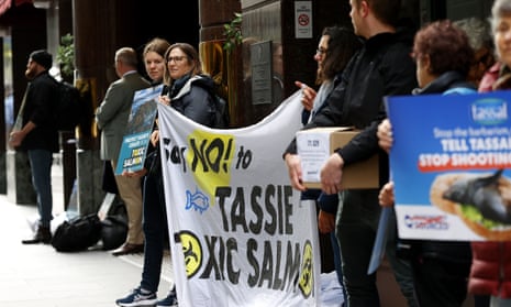 Activists stage a protest outside the Tassal shareholder meeting in Melbourne