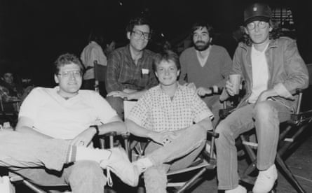 Robert Zemeckis, Bob Gale, Michael J Fox, Neil Canton, and Steven Spielberg on the set of Back To The Future