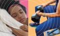 A woman sleeping and a woman lifting weights