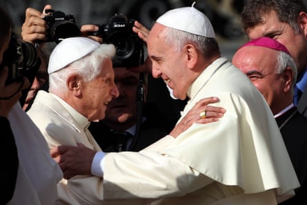 Pope Francis with Pope Emeritus Benedict XVI at St Peter’s Basilica during a celebration for elderly people in Vatican City, 2014.