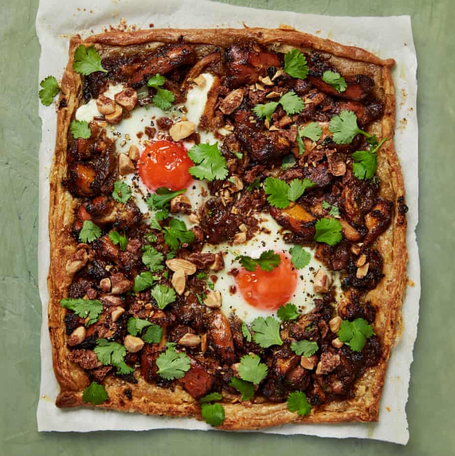 Yotam Ottolenghi’s sweet and savoury chicken pie topped with eggs.