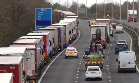 Lorries queue on the M20 to enter the Eurotunnel site in Folkestone, Kent, on Friday 18 December.