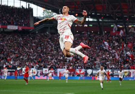 Benjamin Sesko celebrates scoring for RB Leipzig against Bayern Munich on 3 May 2025.