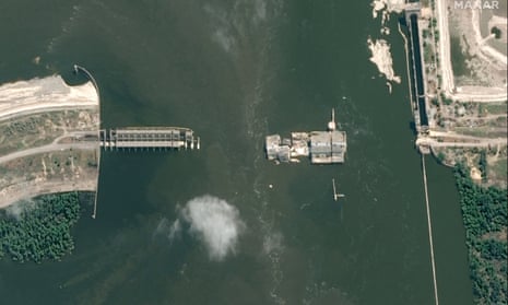 A satellite image of the Nova Kakhovka dam after its collapse.