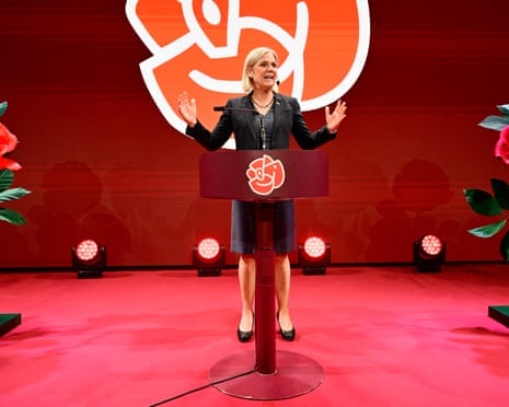 Sweden’s Social Democratic Party leader Magdalena Andersson speaks during the Social Democrats’ election night party in Stockholm.