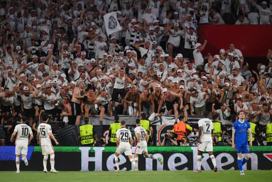 Eintracht Frankfurt v Rangers: Europa League final, extra time – live! | Europa League 8 Rafael Santos Borre of Eintracht Frankfurt celebrates with fans after scoring their sides first goal.