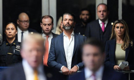 Donald Trump Jr and attorney Alina Habba as Donald Trump speaks to the press on 29 May 2024..