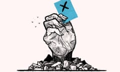 Illustration by David Foldvari of a zombie's hand emerging from the rubbled holding a voting slip.