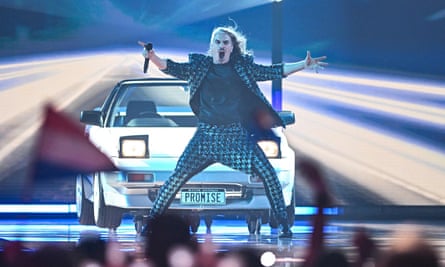 Voyager’s Danny Estrin perform during the final of the Eurovision song contest on 13 May in Liverpool, northern England.