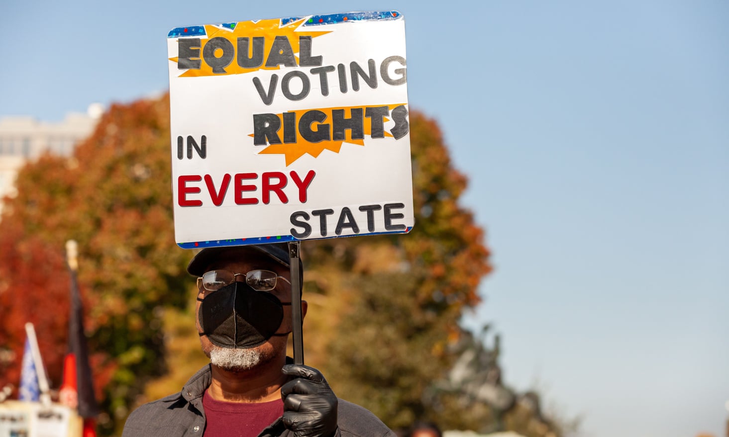demonstrator with sign reading 'equal voting rights in every state' demonstrator with sign reading 'equal voting rights in every state'