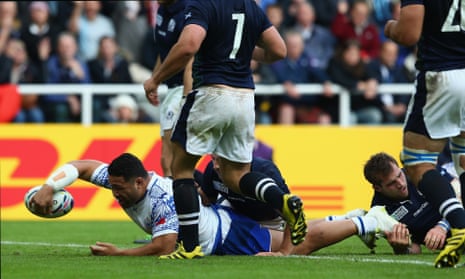 It’s squeeky bum time for the Scotland fans as Motu Matu’u of Samoa goes over for their fourth try.