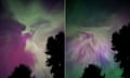 A swirling purple and green aurora above silhouetted trees