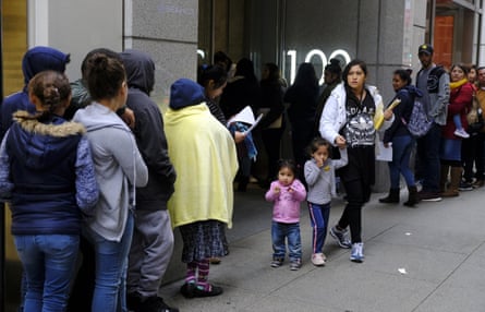 Dozens of people on the sidewalk in a line snaking around the block outside a US immigration office in San Francisco. Now, the city’s main immigration court has been closed and the majority of its docket moved to another court.