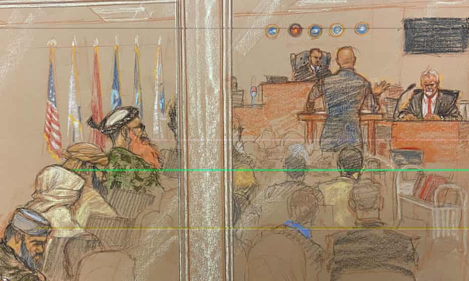 A court illustration of James Mitchell giving evidence at a military commission on Guantánamo Bay