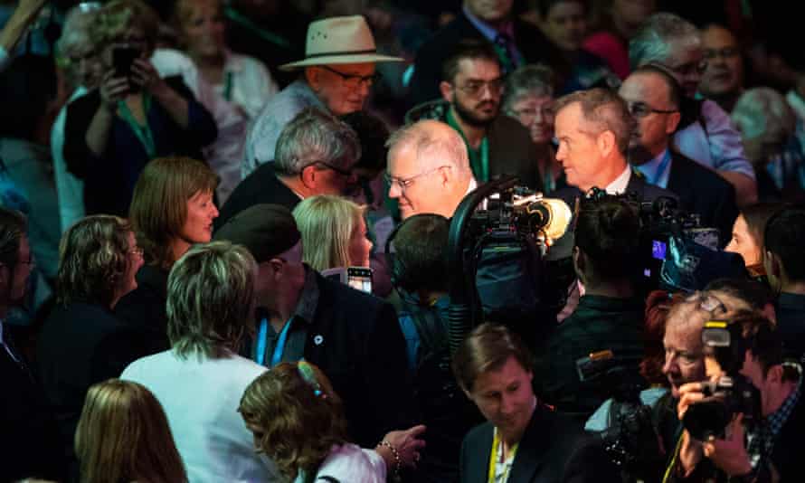Australian Prime Minister Scott Morrison and opposition leader Bill Shorten with members of the public