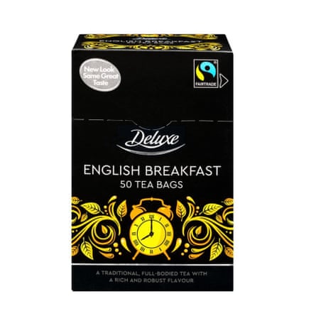 The front of a box of a brand of teabag called Lidl Deluxe rich & smooth English breakfast