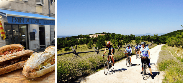 Food: Left: Pain à l’Ail, Provençal street food; Right: Chef and guide services Jonathan Chiri leading a cycling tour