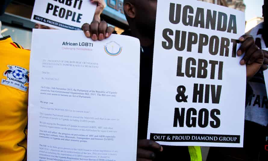 Protesters outside Uganda's High Commission in London urging the president not to sign an anti-LGBT bill in 2015.